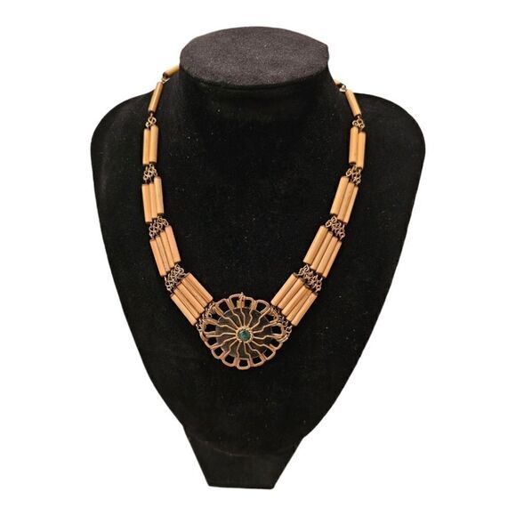Vintage Turquoise Center Boho Flower Bamboo Choker Necklace - Picture 5 of 12